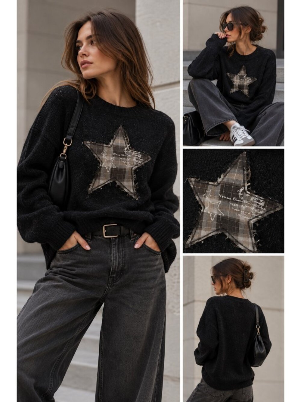 Minga London Black Plaid Star Patch Knit Sweater Grunge Y2K Size M